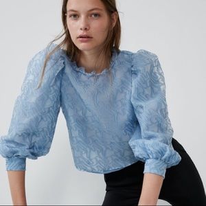ZARA Blue Organza Balloon Sleeve Blouse